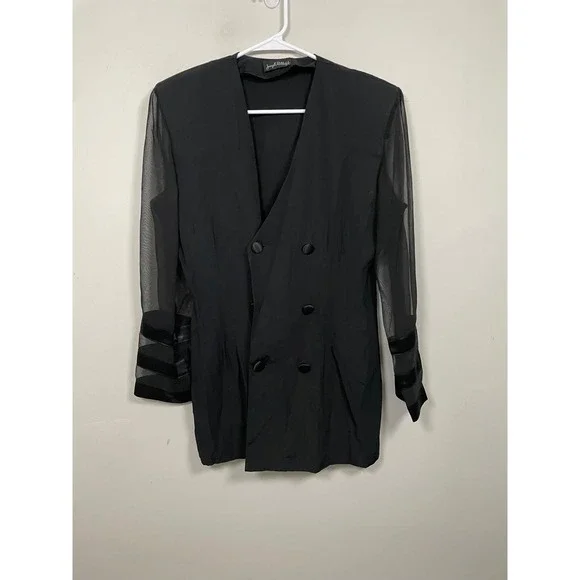 Vintage 90s Joseph Ribkoff Black Double Breasted Mesh Sleeve Blazer