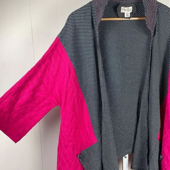 Artka Pink Navy Blue Polka Dot Kimono‎ Wrap Jacket Topper One Size