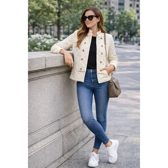 Jones New‎ York Quilted Military Jacket Cream Button Front Lightweight XS NEW