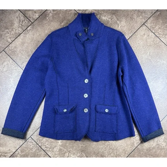 Eileen Fisher Boiled Wool Blazer Jacket Royal Blue Button Lightweight Size Large