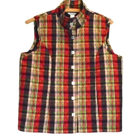 Plaid‎ Lightweight Quilted Mock Neck Vest Snap Closure Pockets Size LARGE