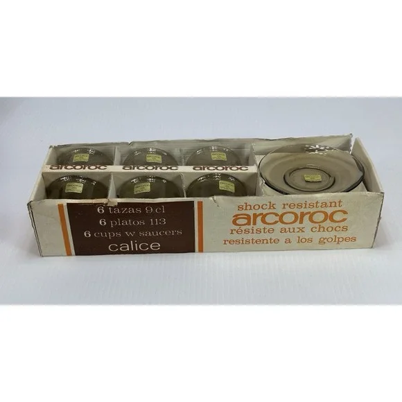 Vintage Arcoroc Smoked Glass (6) Cups & Saucers Set New In Original Box‎ 12 Pc