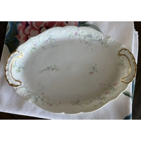 VTG Antique Theodore Haviland Limoges SCHLEIGER‎ Blue Pink Floral Oval Platter