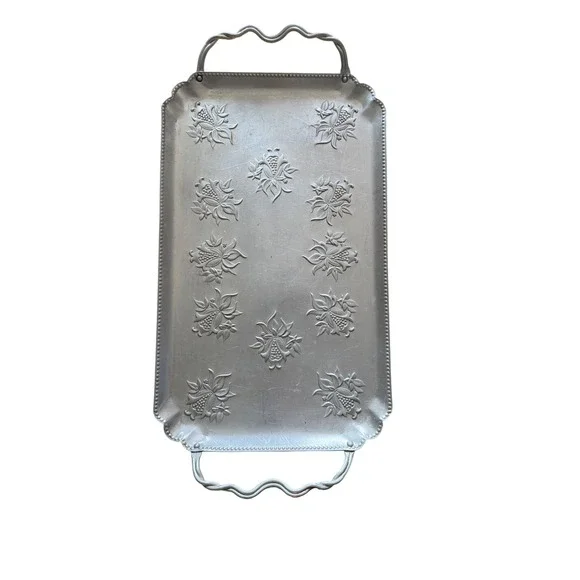 Vintage Aluminum Serving Tray OS Silver Good Floral Pomegranate Beaded Rim 20