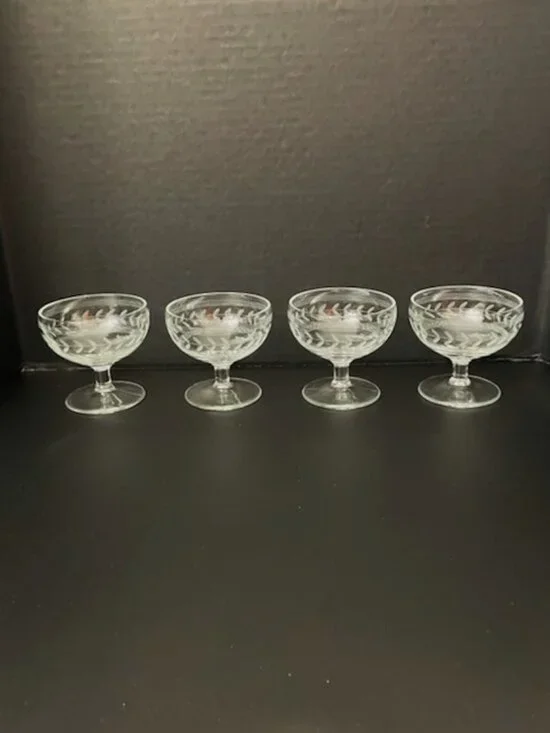 Vtg Champagne Coupe Glasses Etched Wheat Spray Barware Dessert Sherbert Set of 4