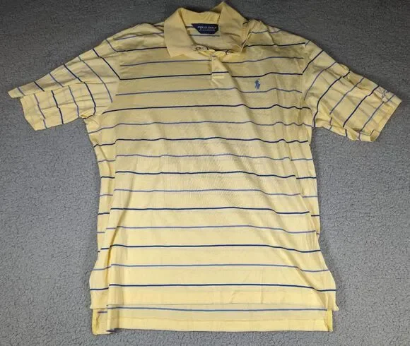 Ralph Lauren Polo Golf Shirt Mens Size L Yellow Blue Stripe Blue Pony Pine Tree