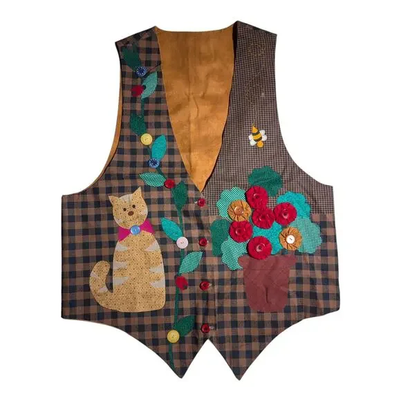Vtg 1990s Handmade Brown Plaid Cat Floral Applique Novelty Button Up Vest XL