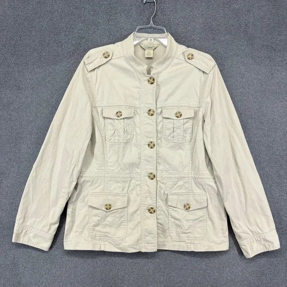 L.L.‎ Bean Field Jacket Womens Large Khaki Cotton Utility Military Safari Coat