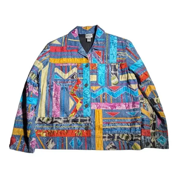 Vtg 1990s Chico's Design Blue Denim Silk Colorful Patchwork Button Up Jacket 2 L