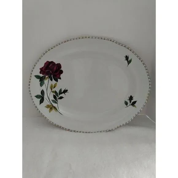 Wood & Sons England Alpine White Ironstone Oval‎ Platter Burgundy Red Rose 12