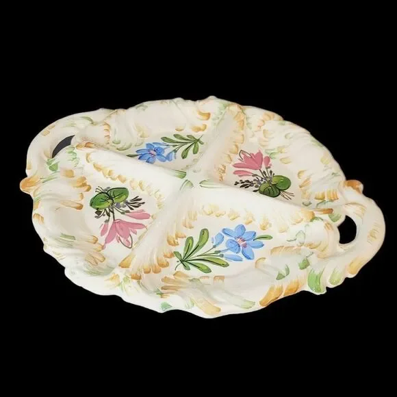 Vintage Italian Ceramic‎ Handpainted Floral Divided Serving Plate