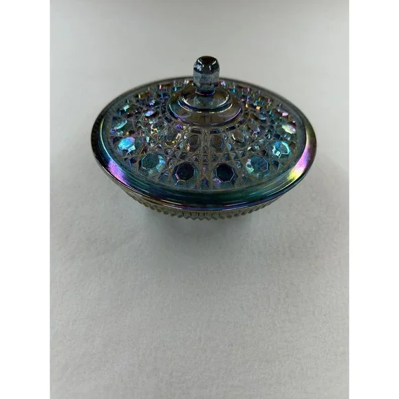 Vintage Blue Carnival Glass Trinket Dish with Lid Iridescent Candy Jar Round