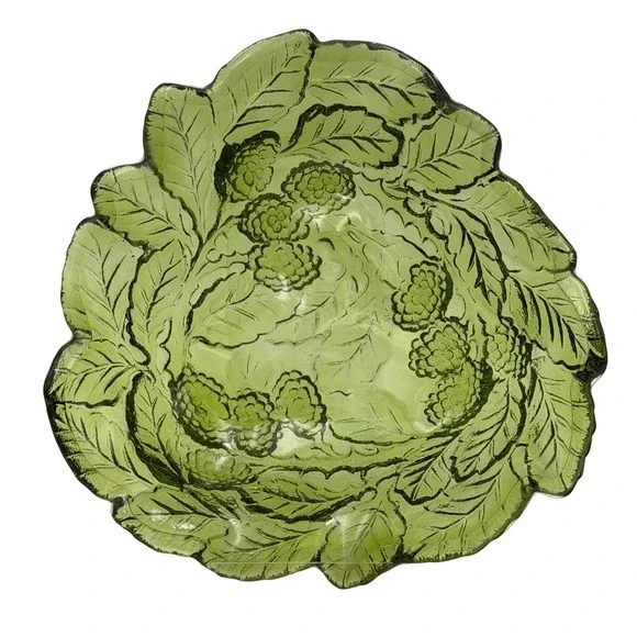 Vtg Indiana Glass Green Loganberry Leaf Bowl Scalloped Serving Candy‎ Dish 7in
