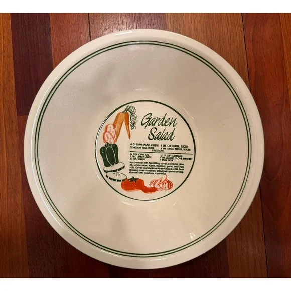 Vintage‎ Garden Salad Recipe Ceramic Serving Bowl White Green Stripe Farmhouse