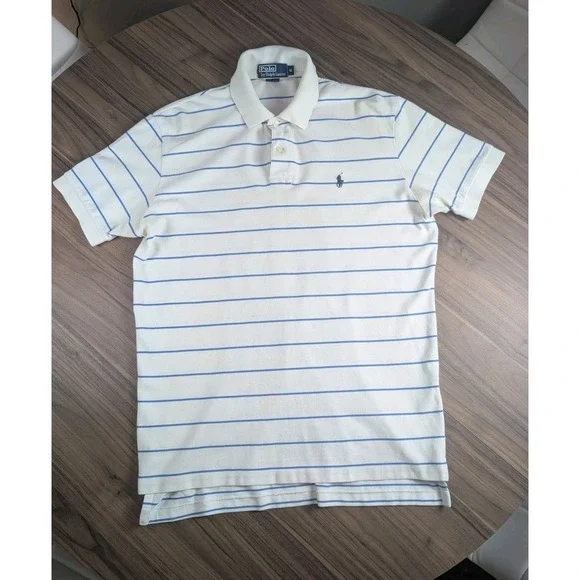 Polo Ralph Lauren Men's White & Blue Striped Short Sleeve Polo Shirt Size Medium
