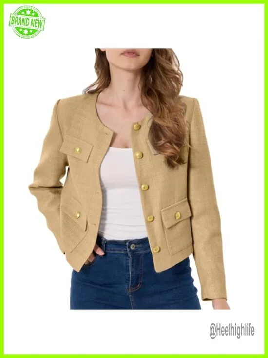 Cropped Tweed Blazer Round Neck Gold Buttons Office Work Wear Spring Summer