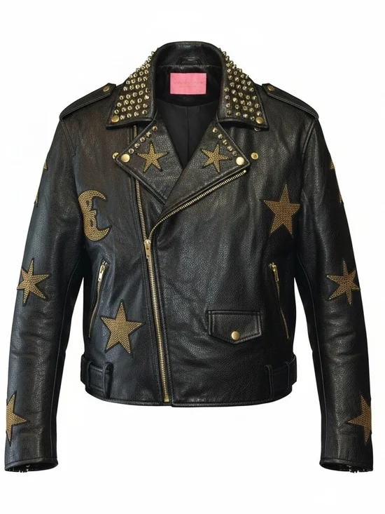 Azalba  Wang Black Leather Studded Biker Jacket with Gold Stars W 1x