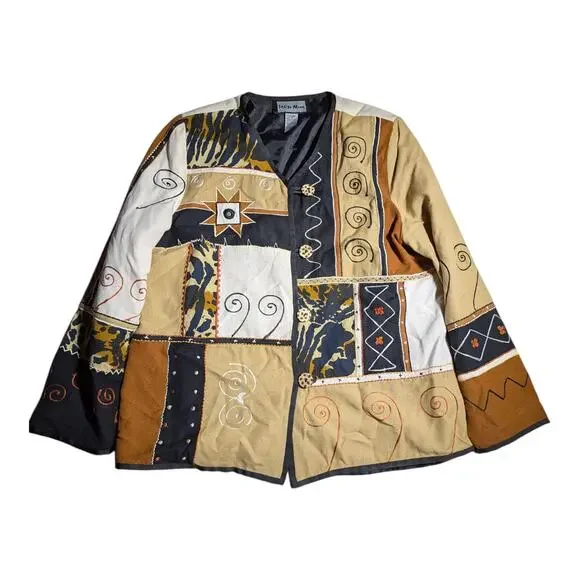 Vtg 1990s Indigo Moon Beige Black Patchwork Animal Print Collarless Jacket Sz M