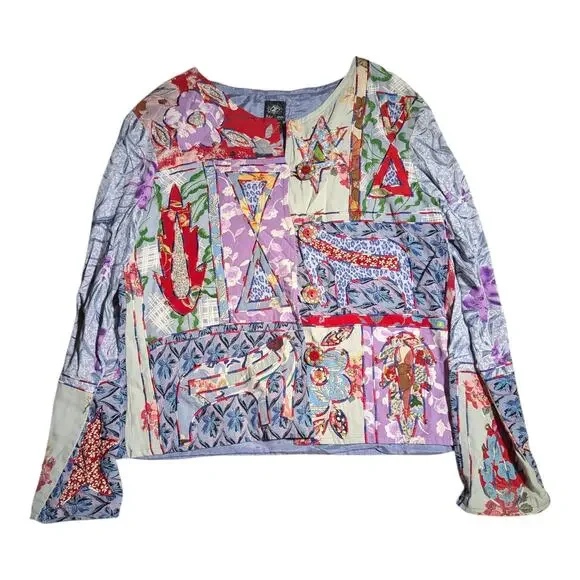 Vtg Y2K Kar-Ma Blue Pink Floral Patchwork Embroidered Collarless Light Jacket S