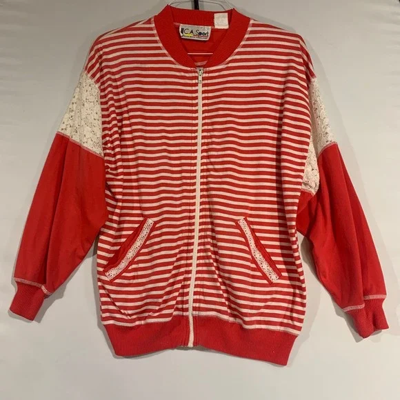 VTG Striped Bomber Jacket Lace Detail Pockets Red White Multi Media Sport Size L