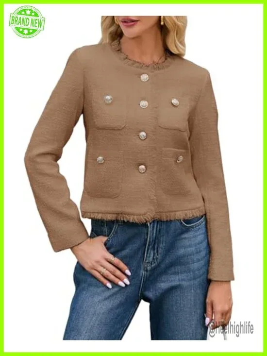 Cropped Tweed Blazer Jacket for Women - Collarless Long Sleeve Button Down Work