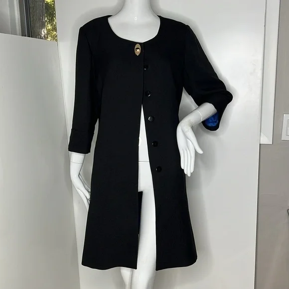 Bona Vita Sz 46 Black Blue Satin Lined 3/4 Sleeve Button Over Coat