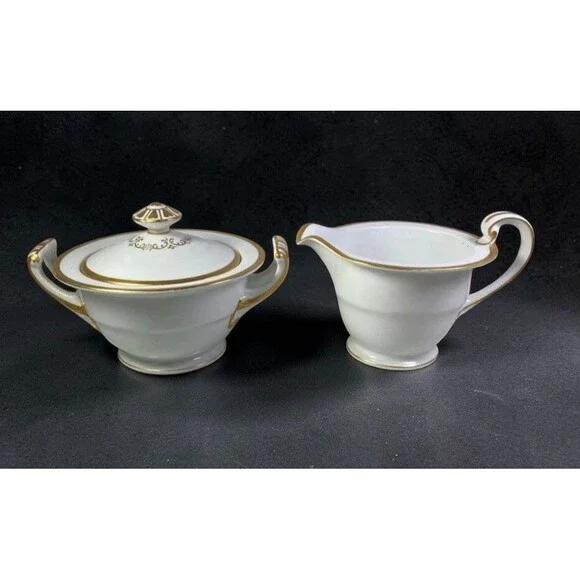 Noritake Patricia Creamer & Covered Sugar Bowl Gold Trim White Japan Vintage