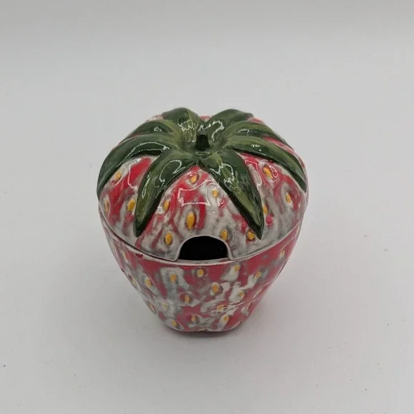 Vintage Signed Lana Ceramic Strawberry Jam Jar with Lid Red Fruit Sugar Bowl