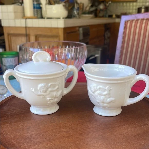Rare Vintage White Cherub Sugar Bowl and Creamer Set