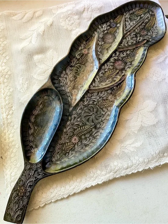 Handcrafted Leaf-Shaped Serving Tray in Dark Metallic Finish