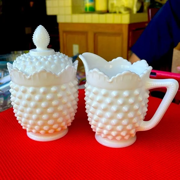 Fenton hobnail milk glass cream and sugar bowl with a lid( candy , cookie jar )