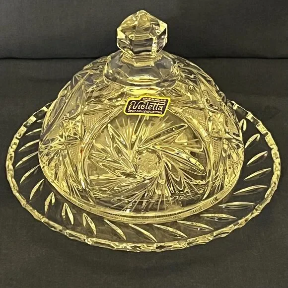 Vintage Violetta Leaded Crystal Butter Tub/Cheese Dome Pinwheel Cut Glass