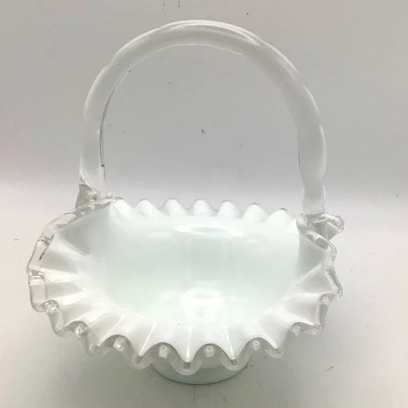 Vintage Fenton White Milk Glass Ruffled Edge Handled Basket