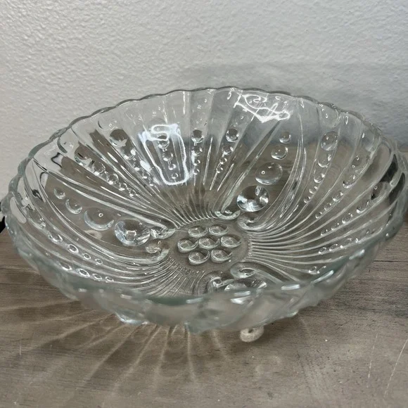 Vintage Anchor Hocking Clear Glass Bubble & Swirl Tri Footed‎ Serving Bowl 8.5