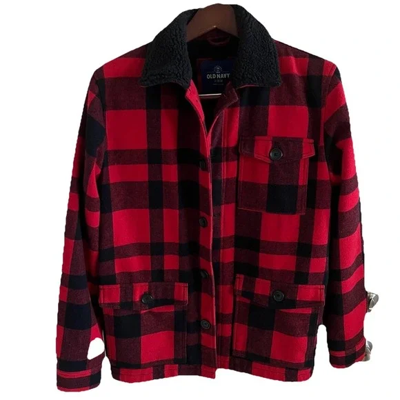 Old Navy Men's M Buffalo Plaid  Jacket‎ Sherpa Lined Chore Utility Wool Blend