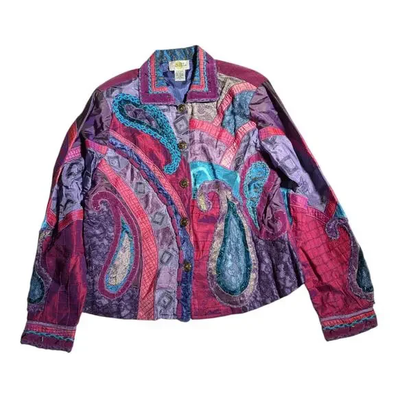 Vtg Y2K Sandy Starkman Purple Blue Silk Blend Paisley Patchwork Jacket Sz M