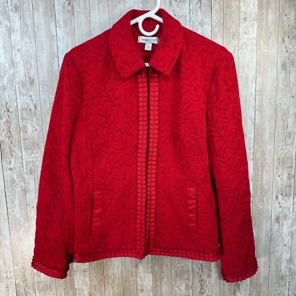 Coldwater Creek Women's Red Jacket Textured Sparkle‎ Leaf Jaquard Ruffle Trim L