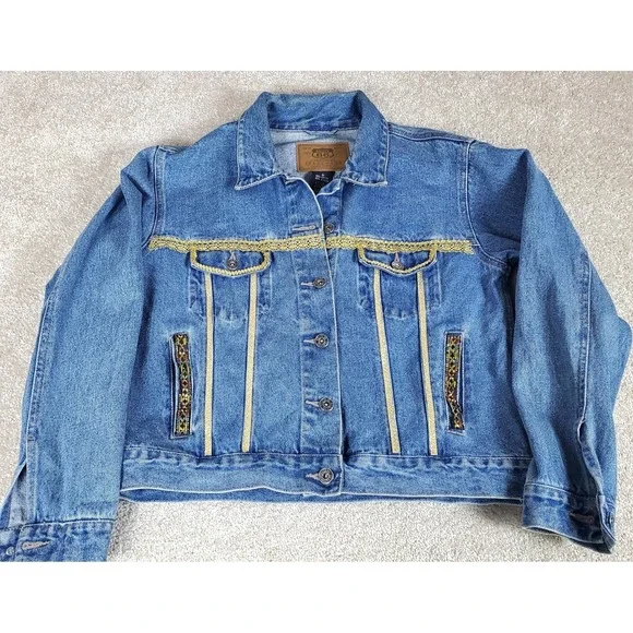 Route‎ 66 Blue Jean Jacket Womens Size M Embellished Decorative Trim Braid