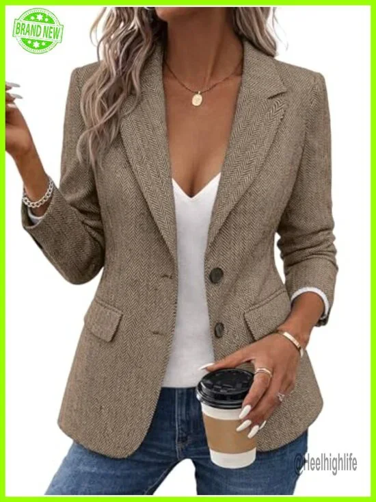 Herringbone Tweed Blazer Jacket Notched Lapel Fully Lined Work Office Coat