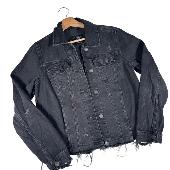 Abercrombie Black Distressed Denim Trucker Jacket‎ Raw Hem Womens M| Grunge