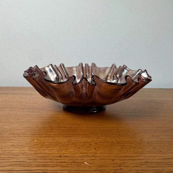 Vintage Early Fenton Amethyst Purple Iridescent Hobnail Glass Ruffled‎ Bowl