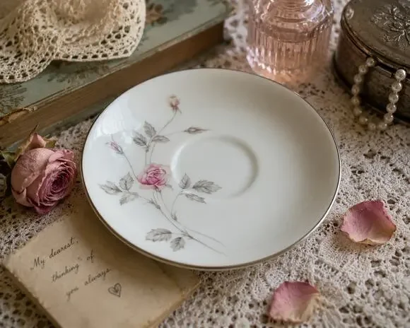 Vintage Royal Song Remembrance 5442 Pink Rose Silver Trim Saucer Fine China