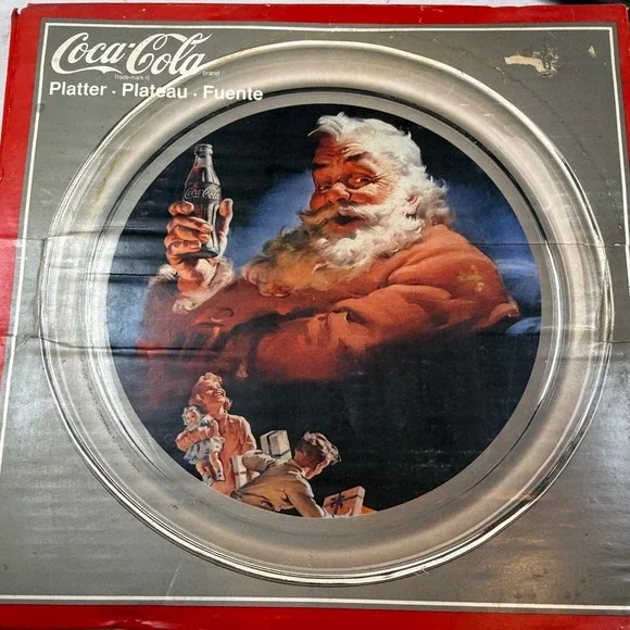 Coca-Cola Santa Claus Glass Serving Platter‎ 13 Inch Vintage Holiday 1954 Art