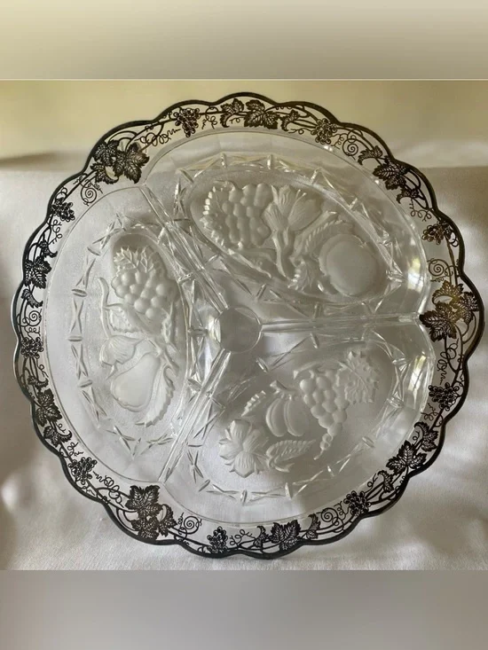 Imperial Glass Intaglio Fruit Sectioned Relish Dish Serving Platter Silver Trim