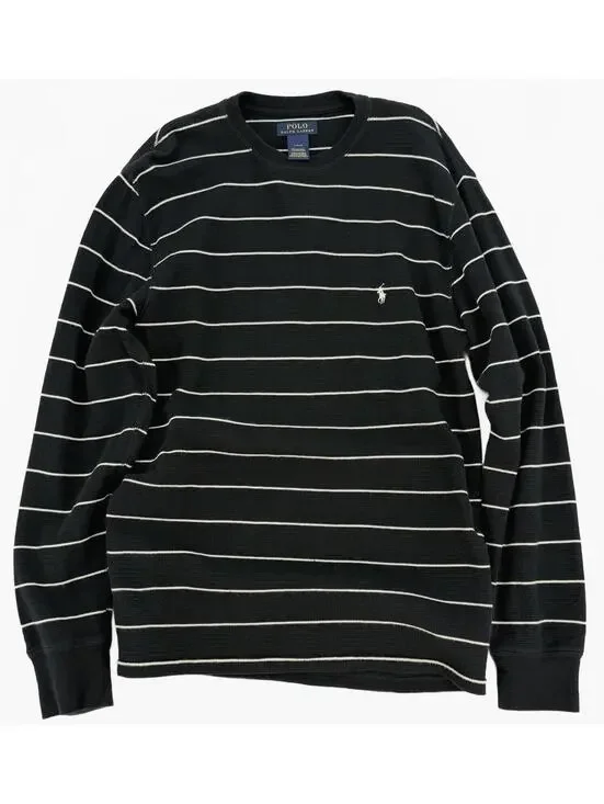 Polo Ralph Lauren Thermal Shirt Large Black White‎ Striped Vintage