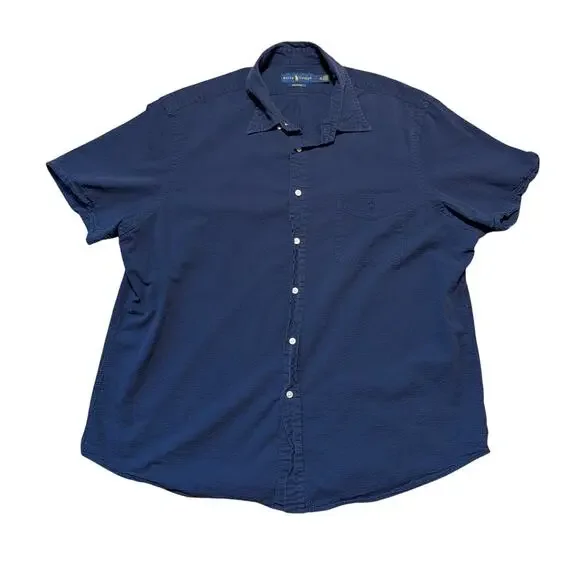 Ralph Lauren Seersucker Shirt Men XXL Navy Blue Short Sleeve Button Down Casual