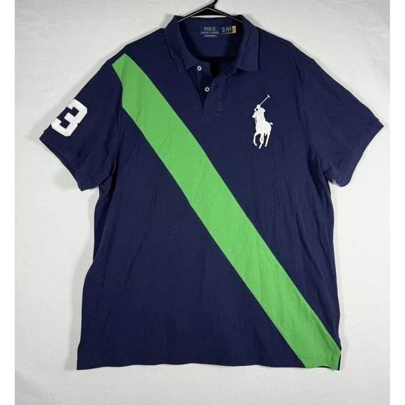 Polo Ralph Lauren Mens Big Pony Mesh Polo Shirt 2XL Blue Green Custom Slim Fit