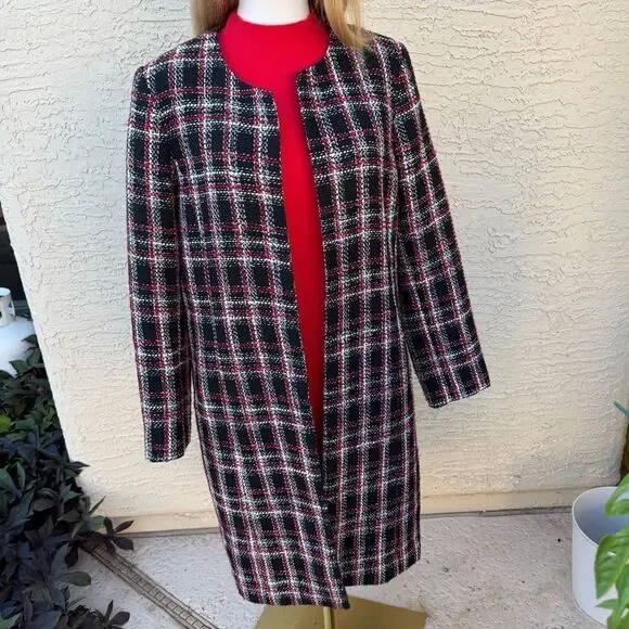 Calvin Klein Plaid Tweed Long Jacket Coat Black Red White Size 12 EUC Lined