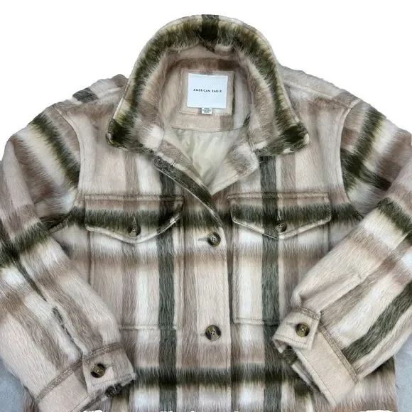 Y2k‎ American Eagle Brushed Plaid Oversized Shacket Shaggy Jacket Size Medium M