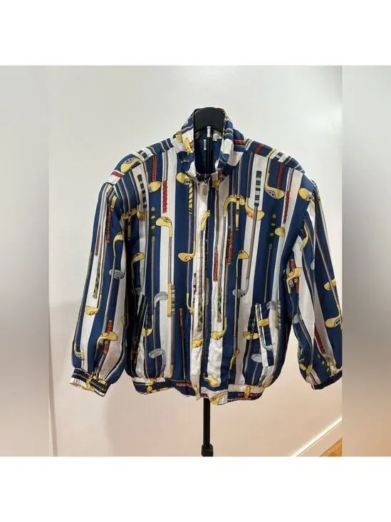 656. Fuda International Silk Bomber-Style Jacket with Golf Sticks Graphic